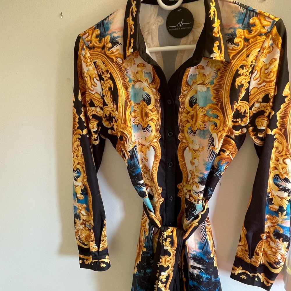 Versace Inspired Black and Gold long sleeve dress
